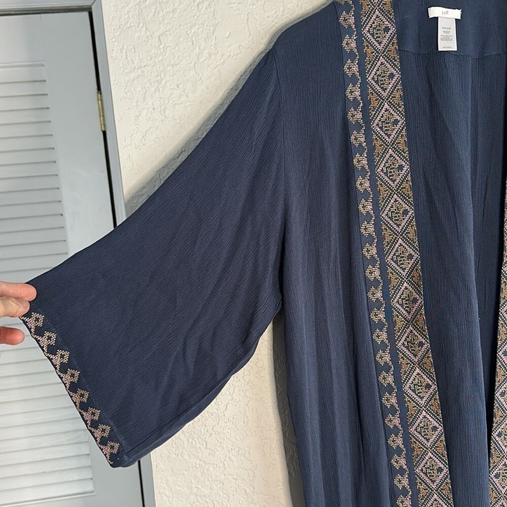J Jill Embroidered Blue Kimono Open Boho Coverup Aztec Lagenlook Resortwear - Picture 4 of 7